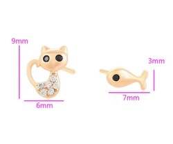 Aretes Broquel P/ Niña Gatito Pescado Cristales Oro Laminado Dorado