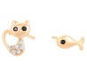 Aretes Broquel P/ Niña Gatito Pescado Cristales Oro Laminado Dorado
