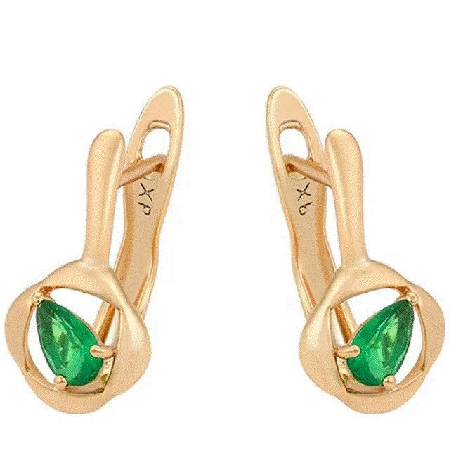 Aretes Dama Rombo Gota Esmeralda Oro 18K Laminado Dorado