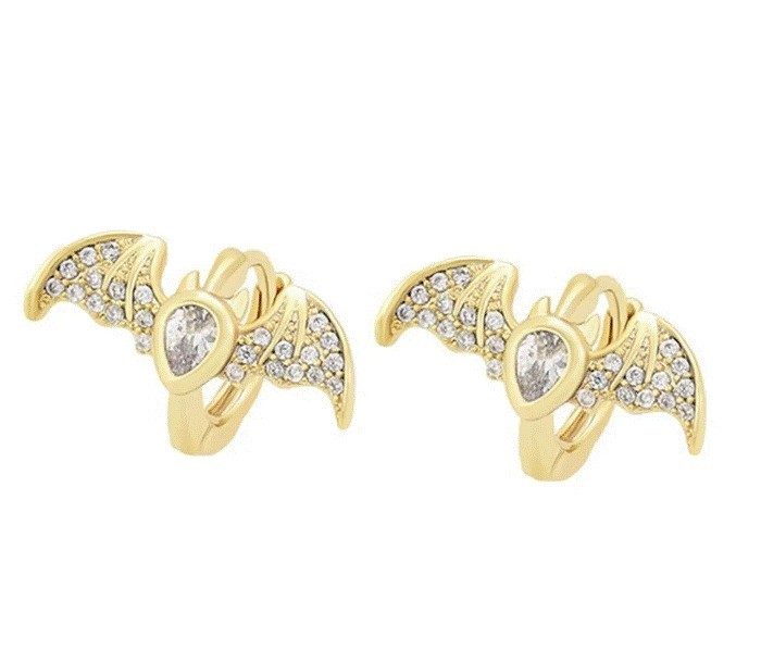 Arracadas Huggies Murcielago Cristales Oro 14K Laminado Dorado