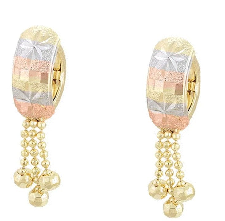 Aretes Dama Flor Largos Facetados 3 Oros 18k Laminado Multicolor