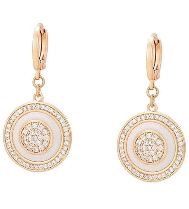 Aretes Colgantes Redondos Halo Swarovski Oro 18K Laminado Blanco Color