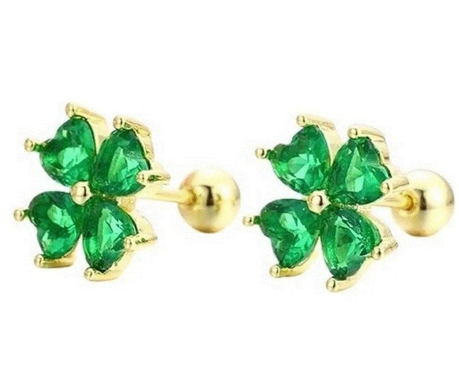 Aretes Broqueles Flor Cristales Oro 14k Laminado Bolita Niña Verde