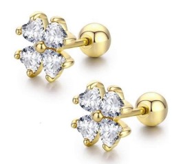 Aretes Broqueles Flor Cristales Oro 14k Laminado Bolita Niña Blanco