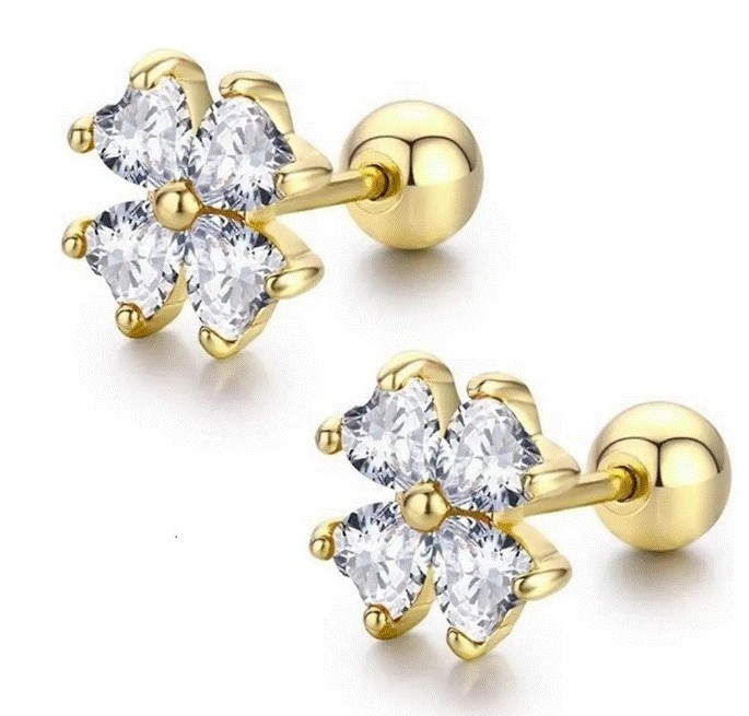Aretes Broqueles Flor Cristales Oro 14k Laminado Bolita Niña Blanco