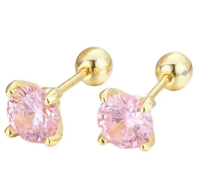 Broqueles Cristal Oro 14k Laminado Bolita Rosa