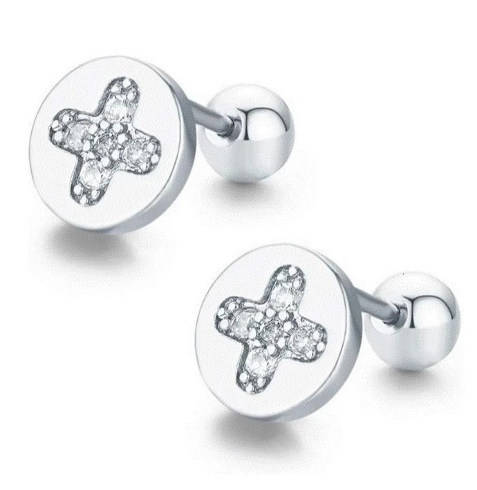 Broqueles Cruz Cristales Oro 14k Laminado Bolita Niña Adulto Blanco