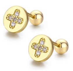 Broqueles Cruz Cristales Oro 14k Laminado Bolita Niña Adulto Dorado