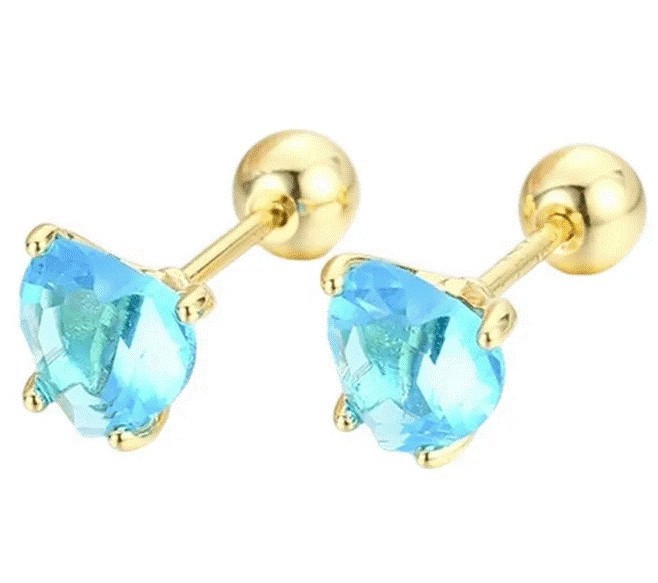 Aretes Broquel Corazón Cristales Oro 14k Laminado Bolita Niña Azul