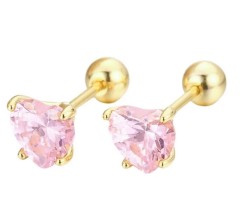 Aretes Broquel Corazón Cristales Oro 14K Laminado Bolita Niña Rosa
