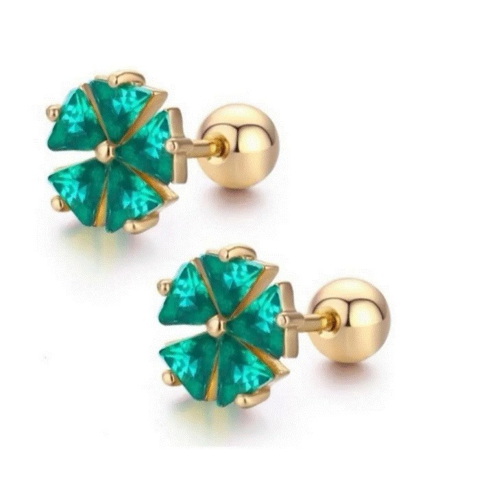 Aretes Broqueles Flor Cristales Oro 14k Laminado Bolita Niña Verde