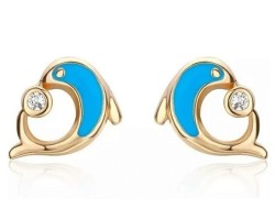 Aretes Broquel Delfin Cristal Cristal Oro 14k Laminado Azul