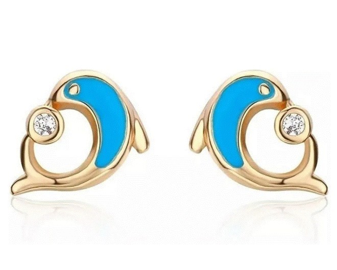 Aretes Broquel Delfin Cristal Cristal Oro 14k Laminado Azul