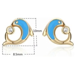 Aretes Broquel Delfin Cristal Cristal Oro 14k Laminado Azul