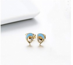 Aretes Broquel Delfin Cristal Cristal Oro 14k Laminado Azul