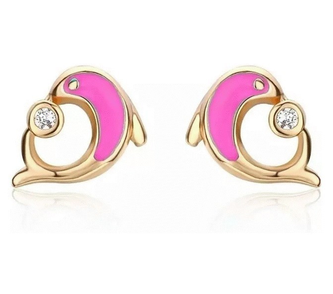 Aretes Broquel Delfin Cristal Cristal Oro 14k Laminado Rosa