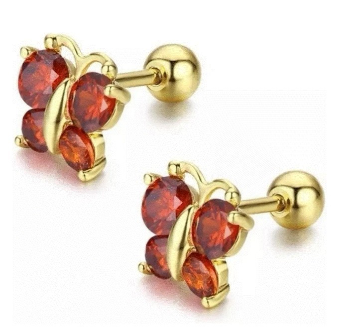 Aretes Broquel Mariposa Cristales Oro 14k Laminado Bolita Niña Rojo