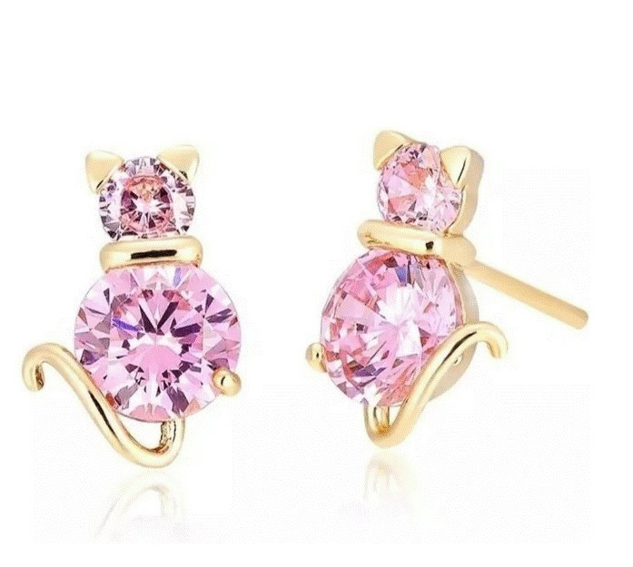 Broqueles Gato Cristal Aquamarina Oro 14k Laminado Rosa