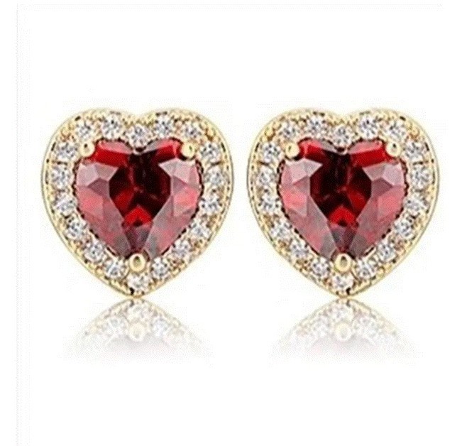 Broqueles Corazón Cristal Oro 14k Laminado Rojo