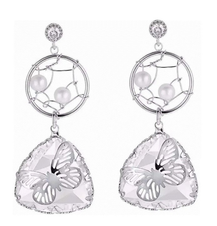 Aretes Cristal Y Perlas Mariposa Oro 14k Laminado Blanco