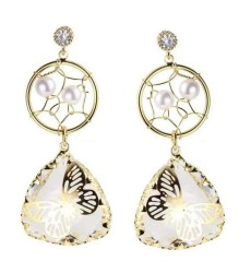 Aretes Cristal Y Perlas Mariposa Oro 14k Laminado Dorado