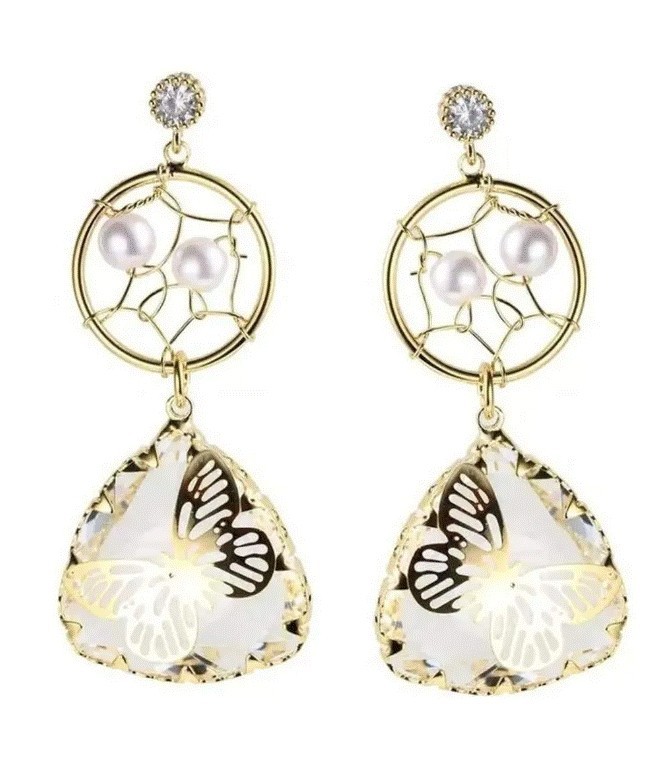 Aretes Cristal Y Perlas Mariposa Oro 14k Laminado Dorado
