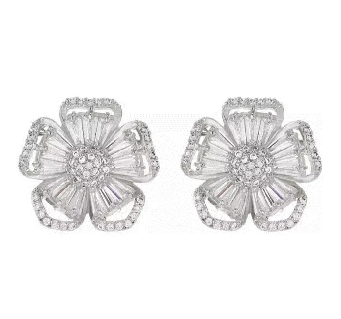 Aretes Flor Pensamiento Cristal Oro 14k Laminado Blanco