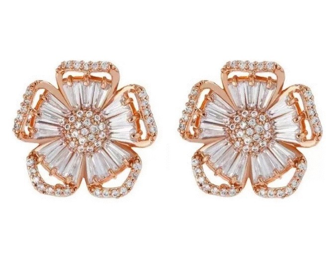 Aretes Flor Pensamiento Cristal Oro 14k Laminado Rosa