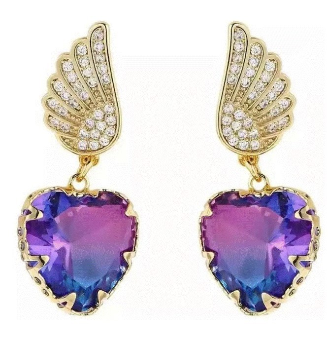 Aretes Alas Corazón Cristal Degradado Oro Laminado 14k Dorado
