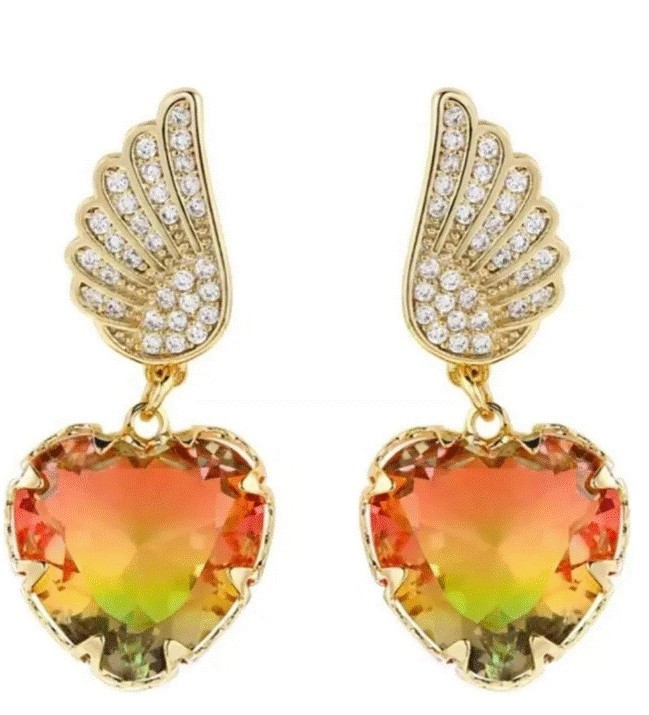 Aretes Alas Corazón Cristal Degradado Oro Laminado 14k Verde