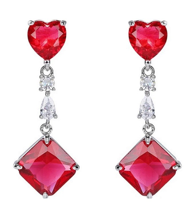 Aretes Largos Corazon Cristal Dama Oro 14k Laminado Rojo