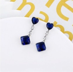 Aretes Largos Corazon Cristal Dama Oro 14k Laminado Azul