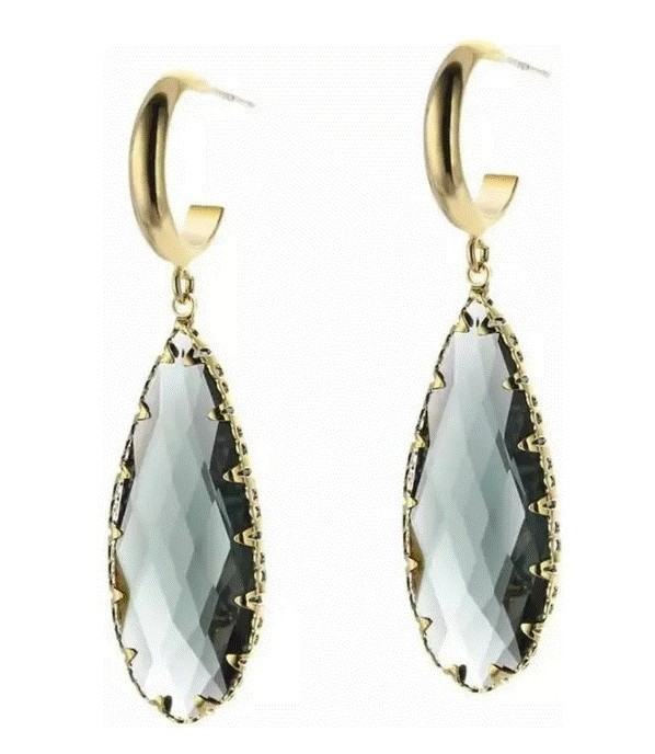 Aretes Largos Gota Cristal Azul Humo Oro Laminado 14k Dorado