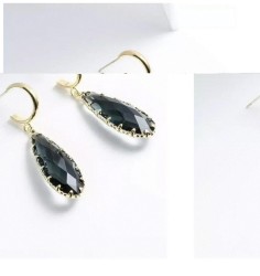 Aretes Largos Gota Cristal Azul Humo Oro Laminado 14k Dorado