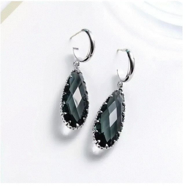 Aretes Largos Gota Cristal Azul Humo Oro Laminado 14k Blanco
