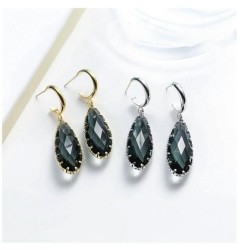 Aretes Largos Gota Cristal Azul Humo Oro Laminado 14k Blanco