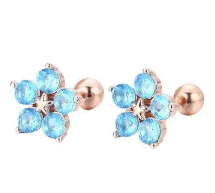 Broqueles Flor Cristal Oro Rosa 14k Laminado Bolita Azul