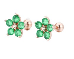Broqueles Flor Cristal Oro Rosa 14k Laminado Bolita Verde