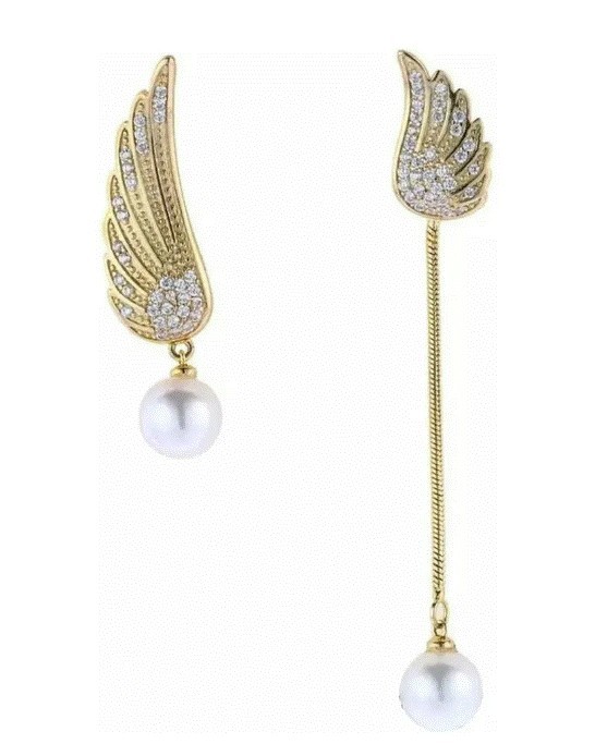 Aretes Dispar Alas Cristal Y Perla Aaa Oro 14k Laminado Dorado