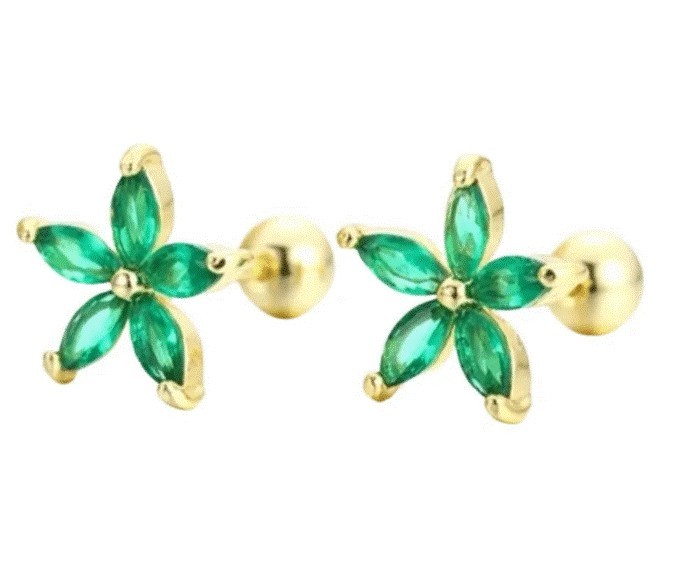 Broqueles Flor Margarita Cristal Oro 14k Laminado Bolita Verde