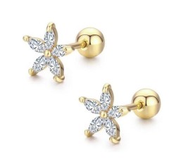 Broqueles Flor Margarita Cristal Oro 14k Laminado Bolita Blanco