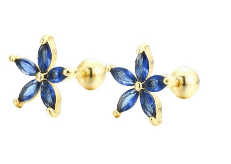 Broqueles Flor Margarita Cristal Oro 14k Laminado Bolita Azul