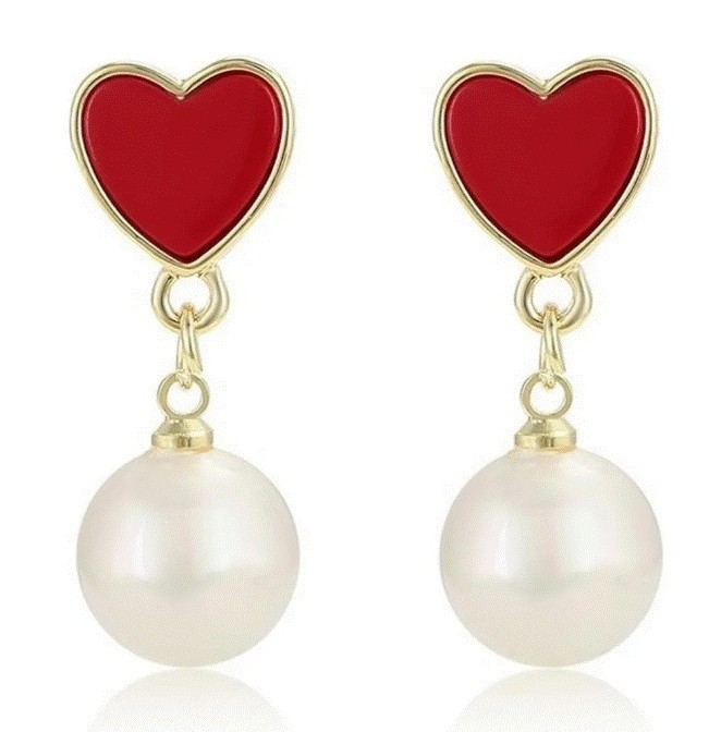 Aretes Corazón Perla Cultivada Aaa Oro 14k Laminado Rojo