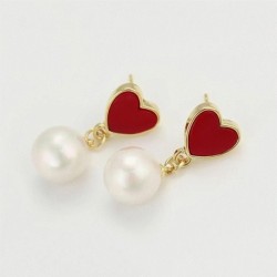 Aretes Corazón Perla Cultivada Aaa Oro 14k Laminado Rojo