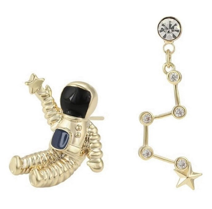 Aretes Astronauta Estrellas Cristal Oro 14k Laminado