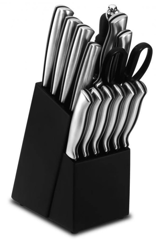 JUEGO DE CUCHILLOS Y AUXILIARES CON BASE NEGRA. 15PIEZAS.