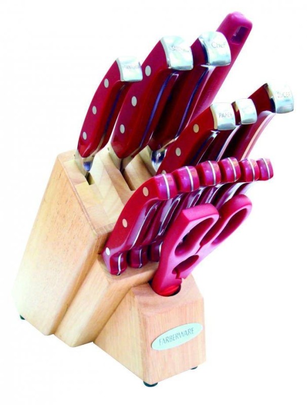 JUEGO DE CUCHILLOS Y AUXILIARES CON MANGO ROJO 15 PZAS