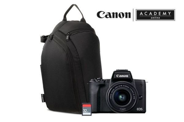 Cámara CANON M50 con Lente EF-M 15-45mm, Mochila 100S, Tarjeta32GB  y Curso ABC Vlogger