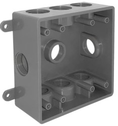 Caja Cuadrada No Metálica con 9 Orificios Roscados de 1/2¿ o 3/4¿ Gris