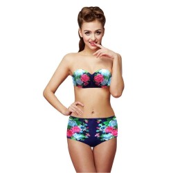 Woogoing WG81797sb Retro High Waist Floral Pattern Bikini Set Navy ...